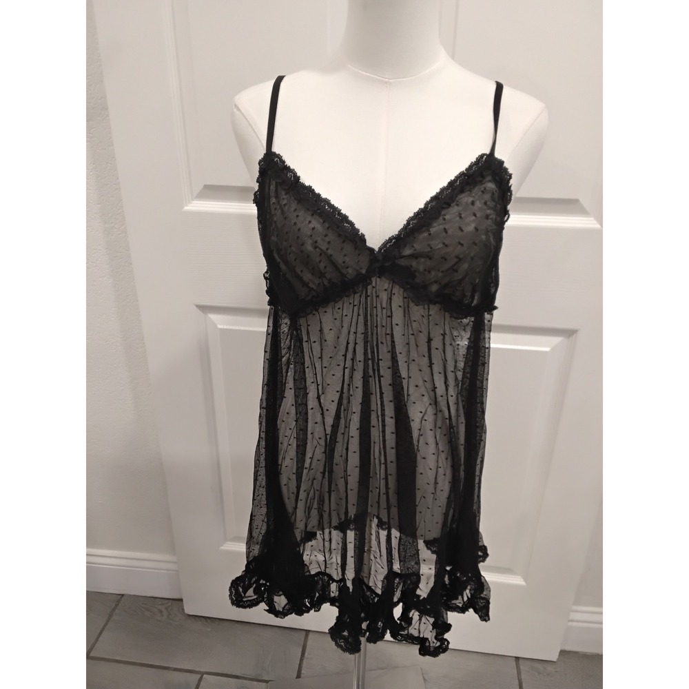 Free People‎ Intimately Black Swiss Dot Lace Mesh Babydoll Chemise  M